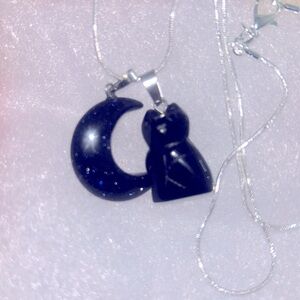 Gothic Faux Onyx Cat and Blue Goldstone Moon Silver 24” Neck…